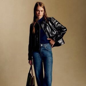NEW NWT Sézane Terry Jacket Black Vinyl Cropped Moto Jacket Size 4